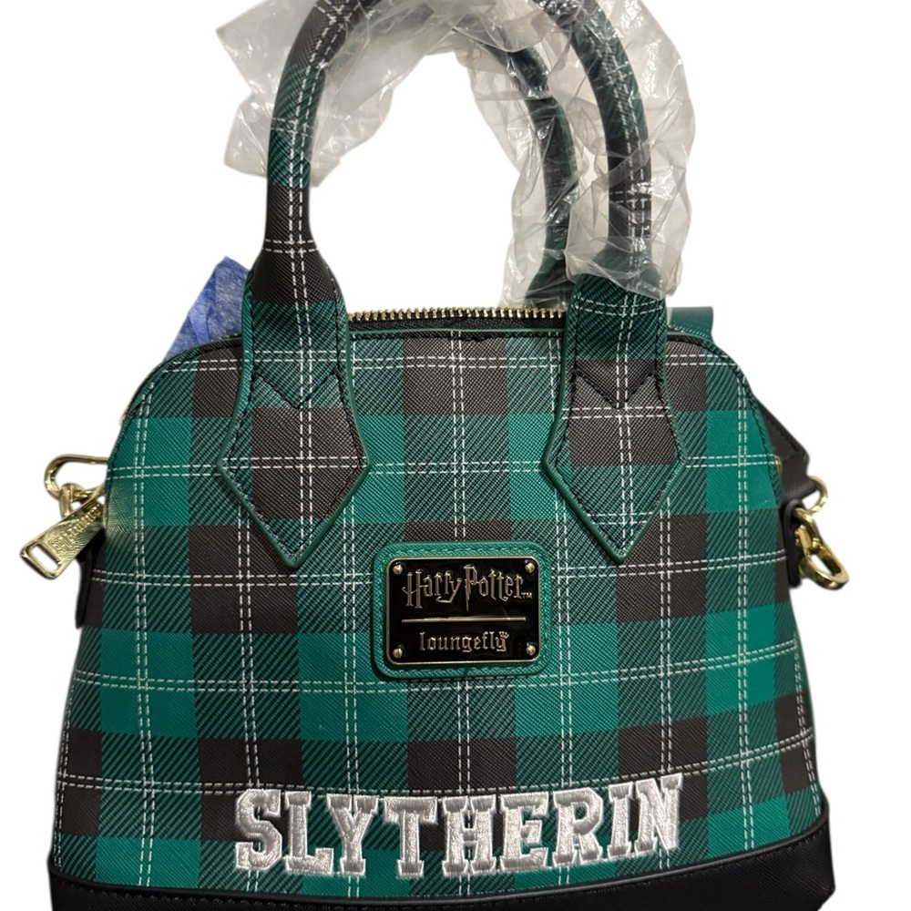 NWTS Loungefly Harry Potter Slytherin Patch Varsity Plaid Crossbody Bag, Multi - Picture 4 of 12